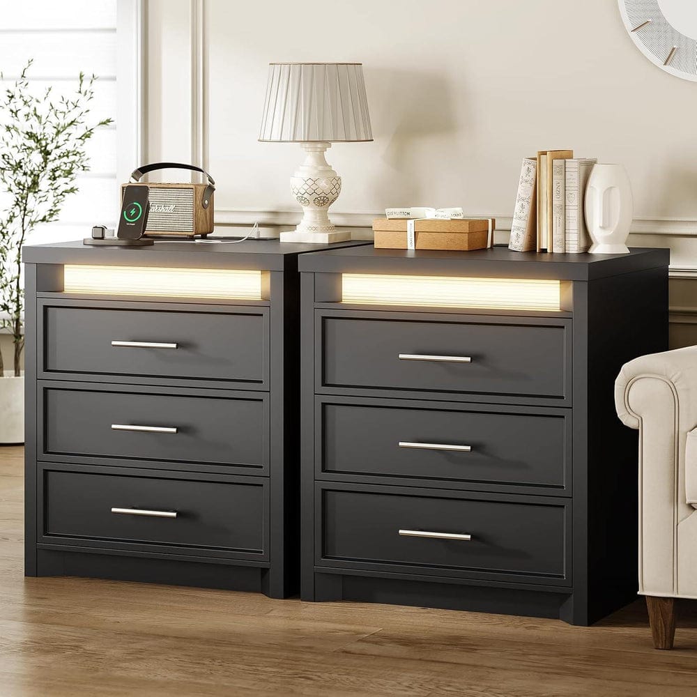 AOGLLATI Nightstands Black / Engineered Wood / Mid-Century Modern 2PCS Lighted Nightstand with 3 Drawer Black