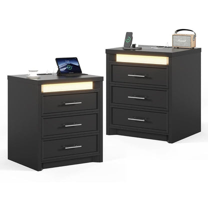 AOGLLATI Nightstands Black / Engineered Wood / Mid-Century Modern 2PCS Lighted Nightstand with 3 Drawer Black
