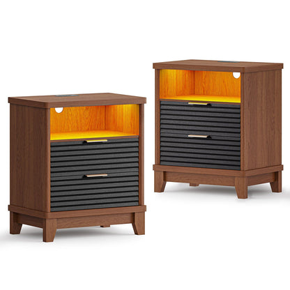 AOGLLATI Nightstands Black / Engineered Wood / Mid-Century Modern Fluted Nightstand with LED Lights Black