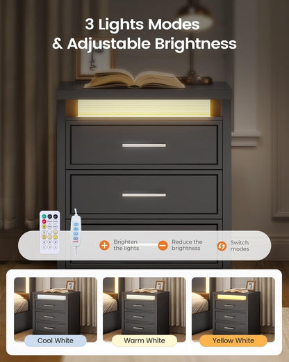 AOGLLATI Nightstands Black / Engineered Wood / Mid-Century Modern Nightstand with 3 Color Lightbox