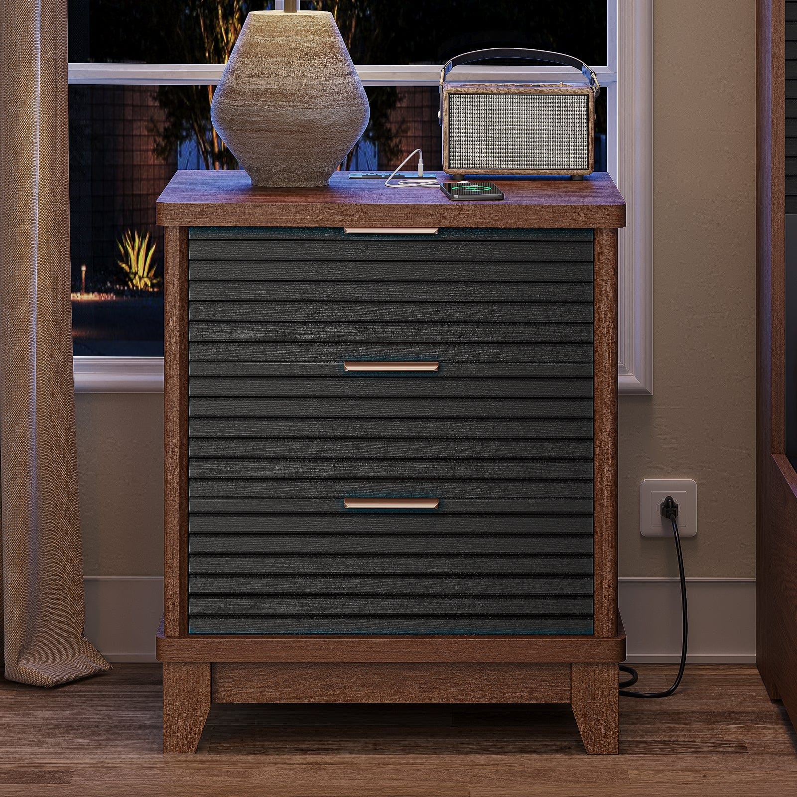 AOGLLATI Nightstands Black / Engineered Wood / Mid-Century Modern Slanted Louvered Design Nightstand