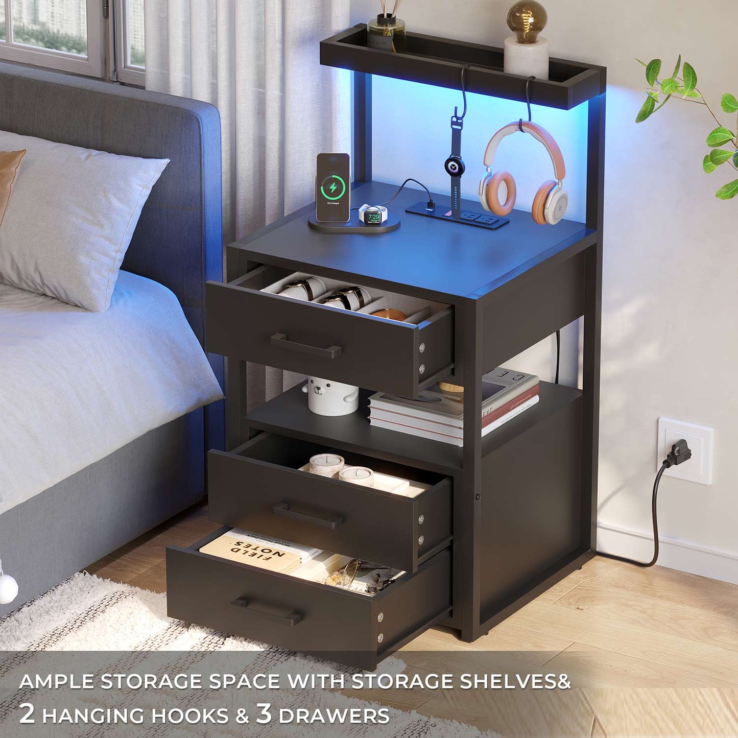 AOGLLATI Nightstands Black / Engineered Wood / Modern AOGLLATI Nightstand with Charging Station and LED Lights 3 Drawers Black