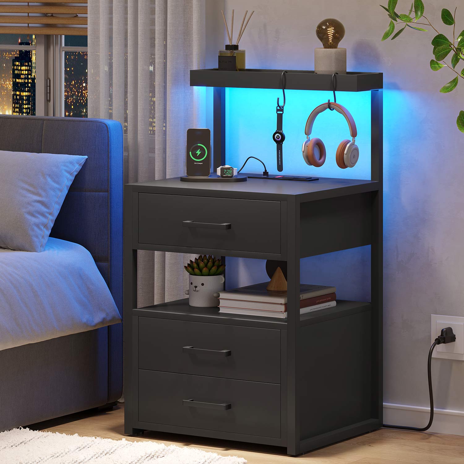 AOGLLATI Nightstands Black / Engineered Wood / Modern AOGLLATI Nightstand with Charging Station and LED Lights 3 Drawers Black