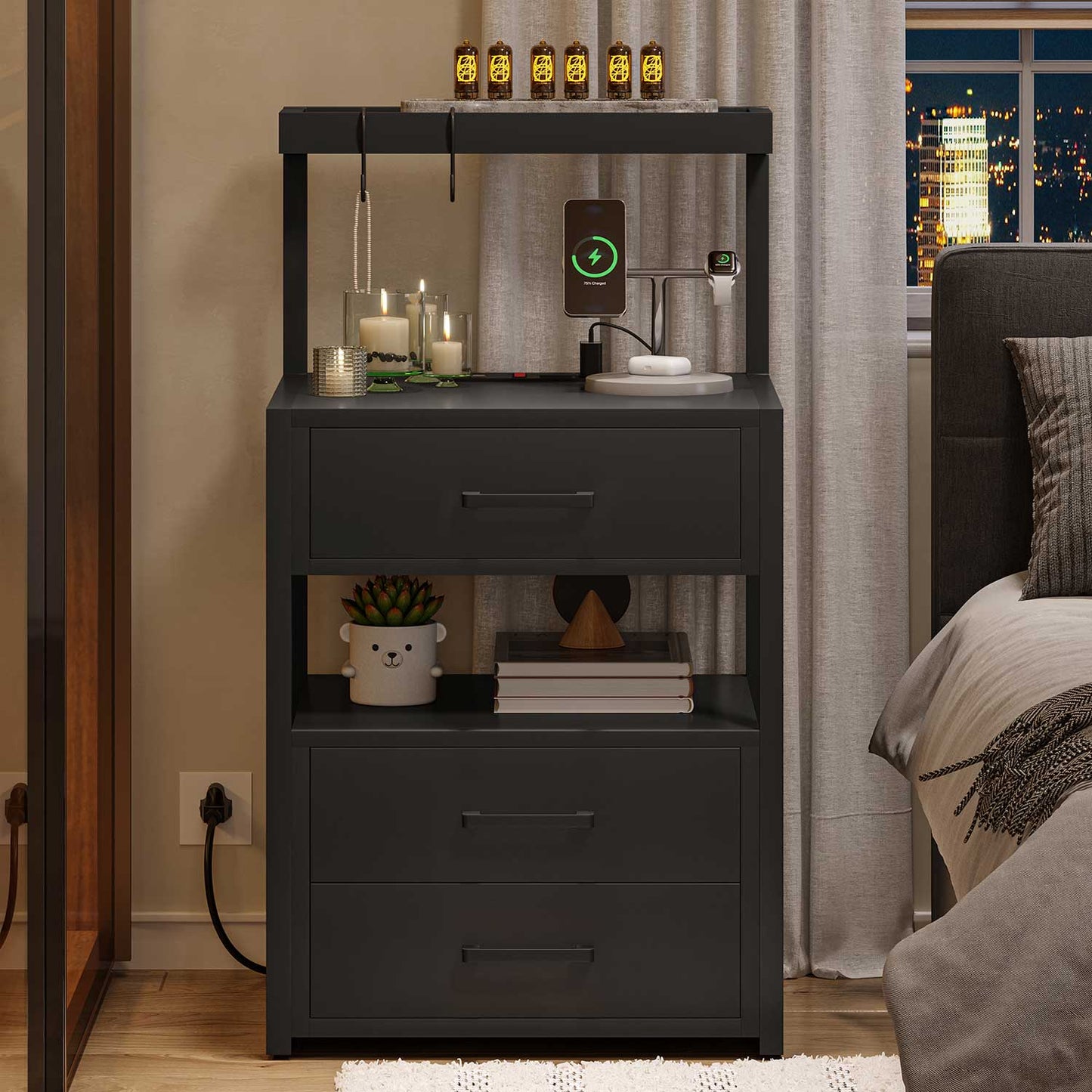 AOGLLATI Nightstands Black / Engineered Wood / Modern AOGLLATI Nightstand with Charging Station and LED Lights 3 Drawers Black
