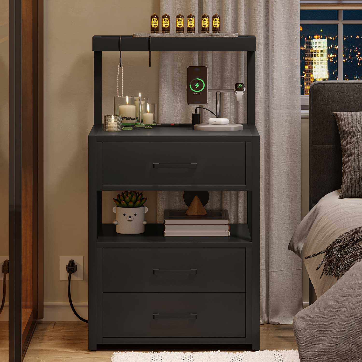 AOGLLATI Nightstands Black / Engineered Wood / Modern AOGLLATI Nightstand with Charging Station and LED Lights 3 Drawers Black