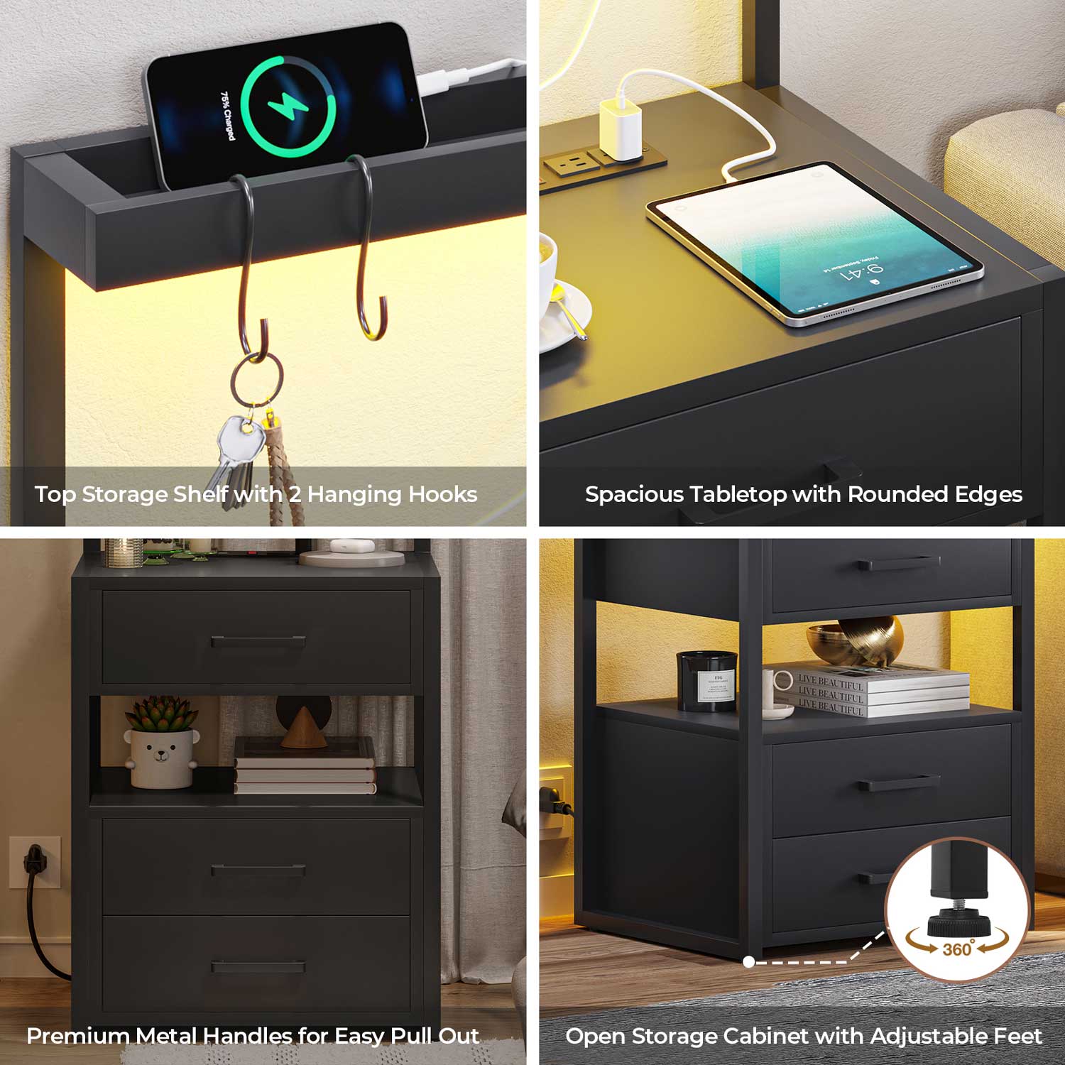 AOGLLATI Nightstands Black / Engineered Wood / Modern AOGLLATI Nightstand with Charging Station and LED Lights 3 Drawers Black