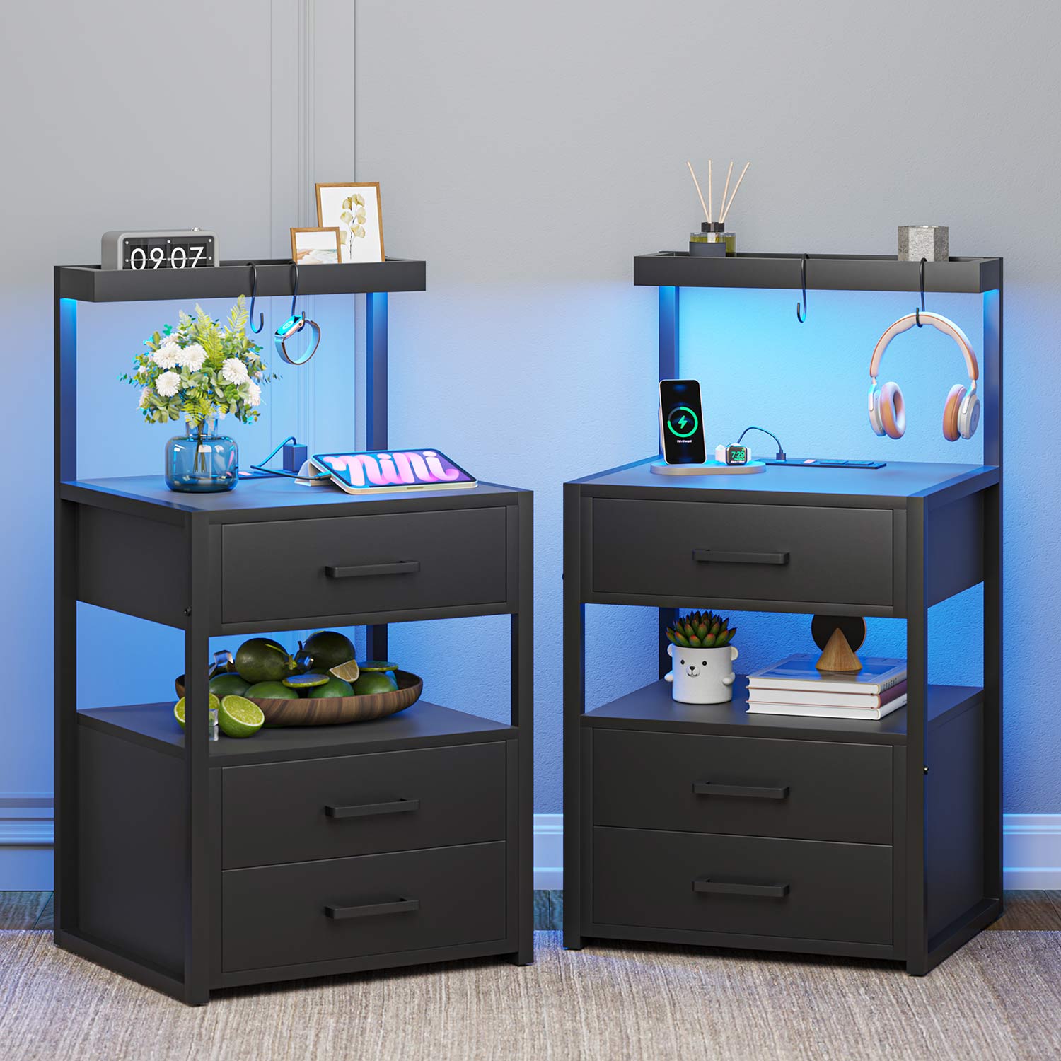 AOGLLATI Nightstands Black / Engineered Wood / Modern AOGLLATI Nightstand with Charging Station and LED Lights 3 Drawers Black
