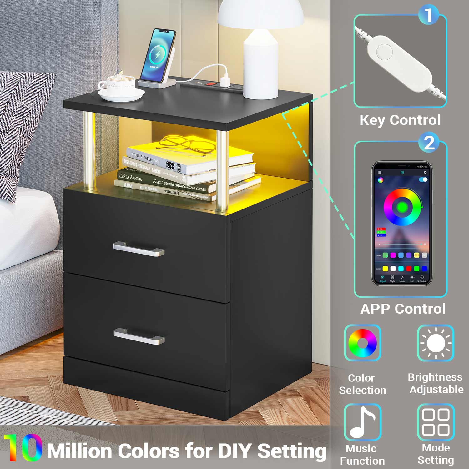 AOGLLATI Nightstands Black / Engineered Wood / Modern AOGLLATI Nightstand with Charging Station and LED Lights Black