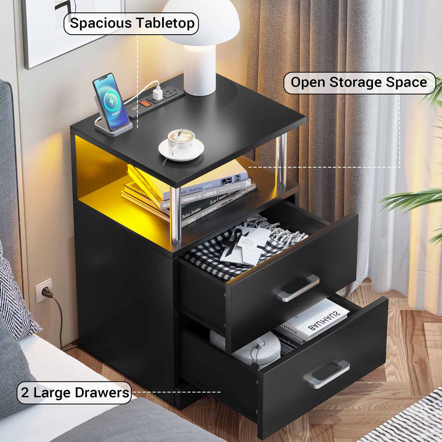 AOGLLATI Nightstands Black / Engineered Wood / Modern AOGLLATI Nightstand with Charging Station and LED Lights Black