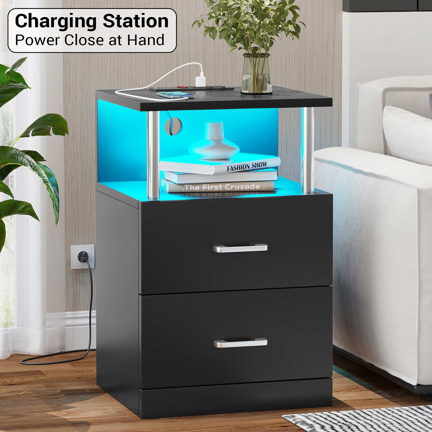 AOGLLATI Nightstands Black / Engineered Wood / Modern AOGLLATI Nightstand with Charging Station and LED Lights Black