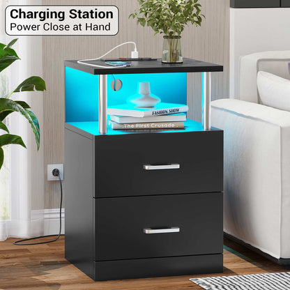 AOGLLATI Nightstands Black / Engineered Wood / Modern AOGLLATI Nightstand with Charging Station and LED Lights Black