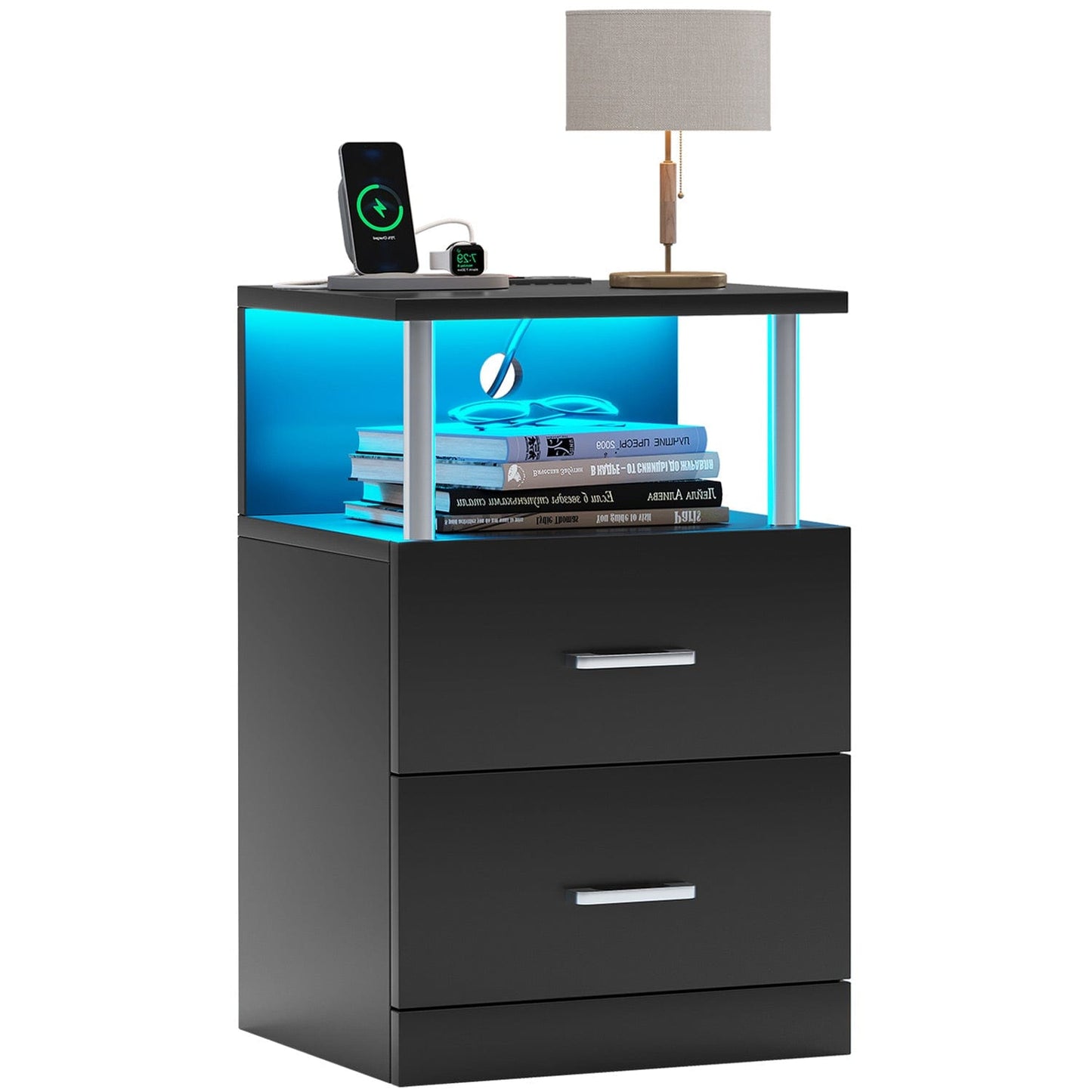 AOGLLATI Nightstands Black / Engineered Wood / Modern AOGLLATI Nightstand with Charging Station and LED Lights Black
