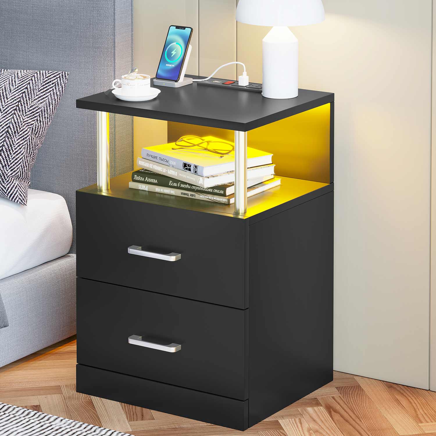 AOGLLATI Nightstands Black / Engineered Wood / Modern AOGLLATI Nightstand with Charging Station and LED Lights Black