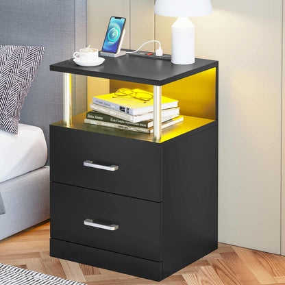 AOGLLATI Nightstands Black / Engineered Wood / Modern AOGLLATI Nightstand with Charging Station and LED Lights Black