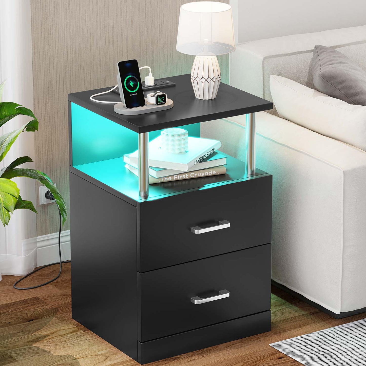 AOGLLATI Nightstands Black / Engineered Wood / Modern AOGLLATI Nightstand with Charging Station and LED Lights Black