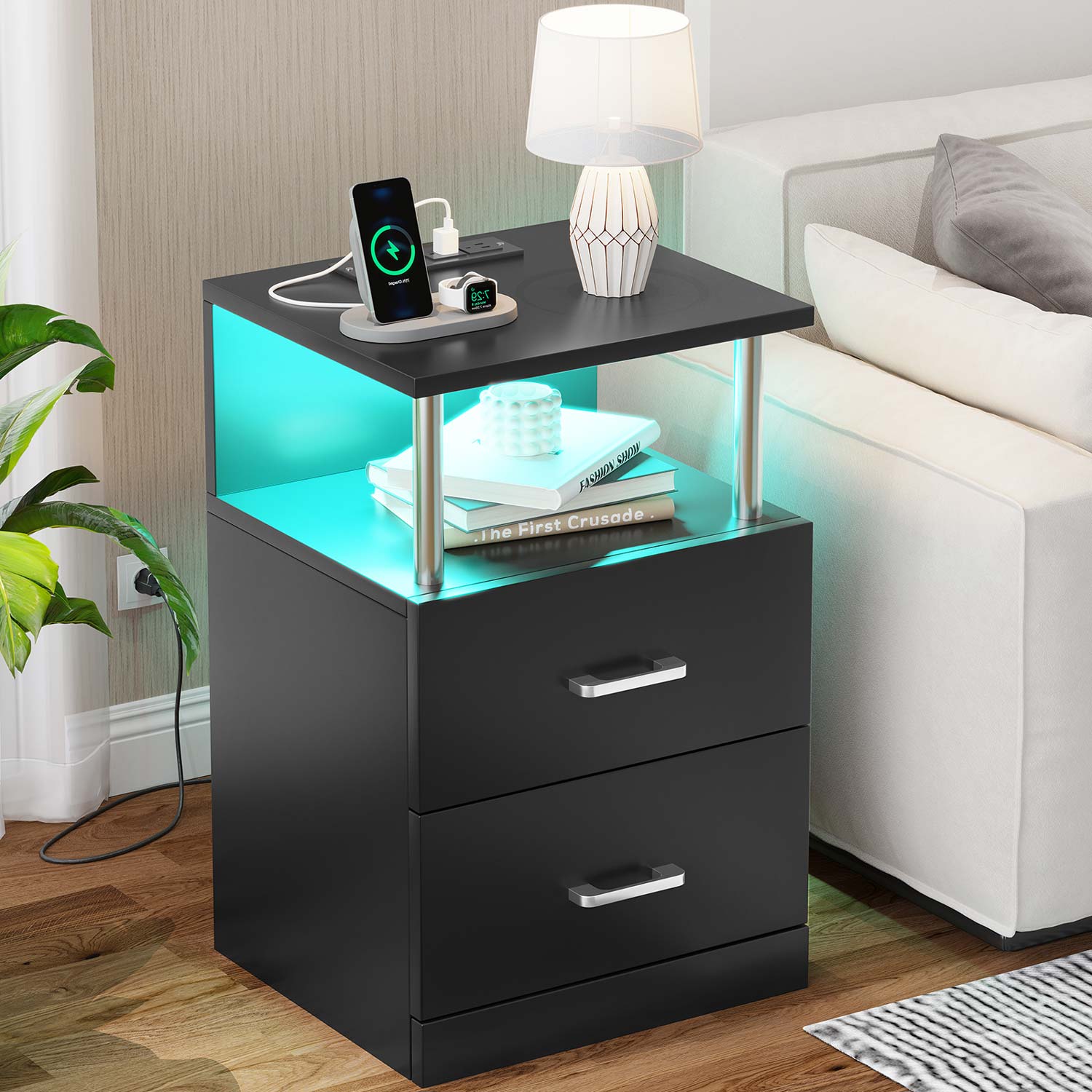 AOGLLATI Nightstands Black / Engineered Wood / Modern AOGLLATI Nightstand with Charging Station and LED Lights Black