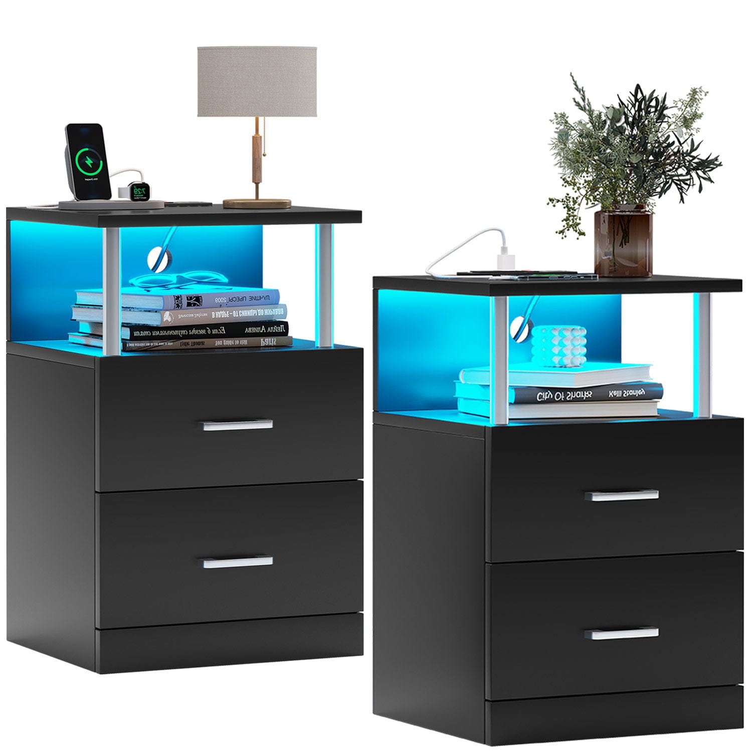 AOGLLATI Nightstands Black / Engineered Wood / Modern AOGLLATI Nightstand with Charging Station and LED Lights Black