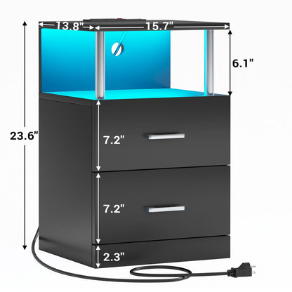 AOGLLATI Nightstands Black / Engineered Wood / Modern AOGLLATI Nightstand with Charging Station and LED Lights Black