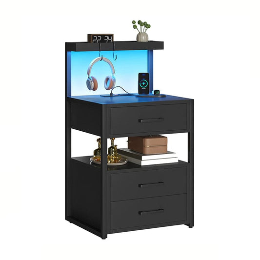 AOGLLATI Nightstands Black / Engineered Wood / Modern AOGLLATI Nightstand with Charging Station and LED Lights 3 Drawers Black