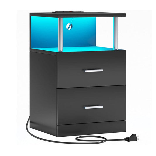 AOGLLATI Nightstands Black / Engineered Wood / Modern AOGLLATI Nightstand with Charging Station and LED Lights Black