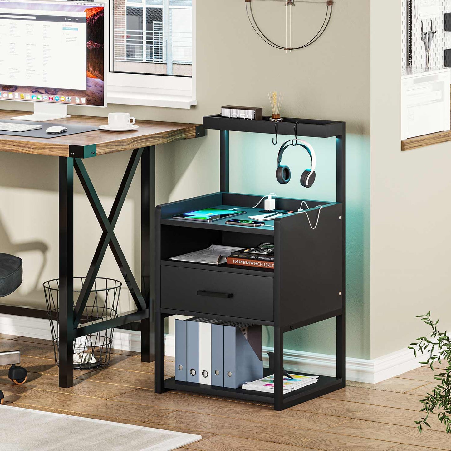 AOGLLATI Nightstands Black / Metal / Modern AOGLLATI Nightstand with Charging Station Black
