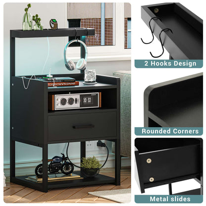 AOGLLATI Nightstands Black / Metal / Modern AOGLLATI Nightstand with Charging Station Black