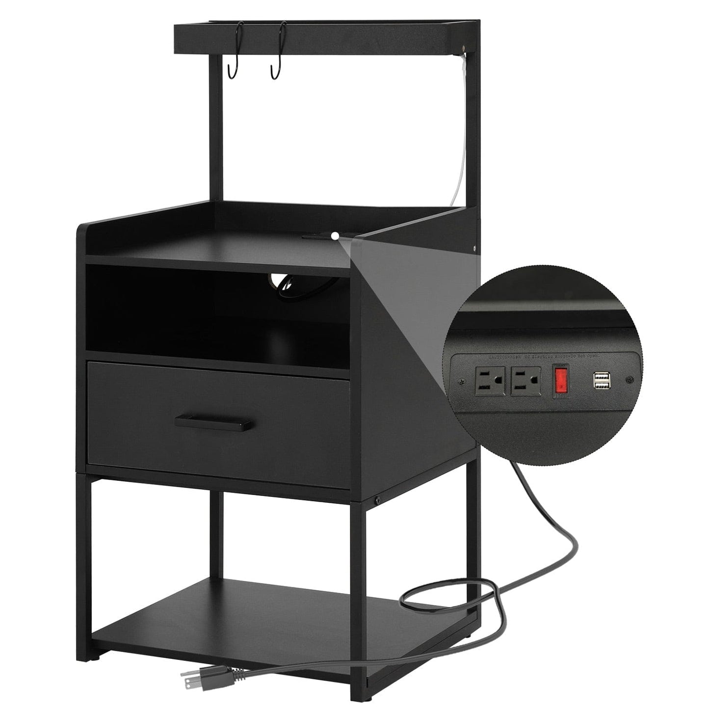 AOGLLATI Nightstands Black / Metal / Modern AOGLLATI Nightstand with Charging Station Black