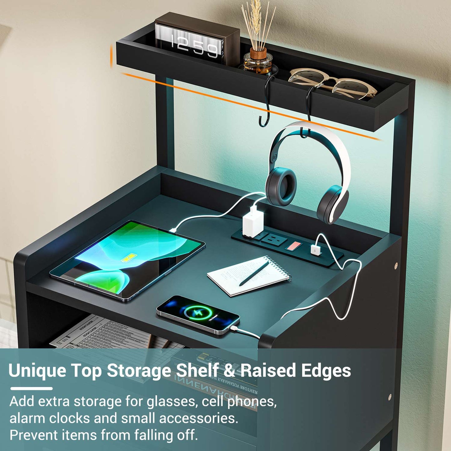 AOGLLATI Nightstands Black / Metal / Modern AOGLLATI Nightstand with Charging Station Black