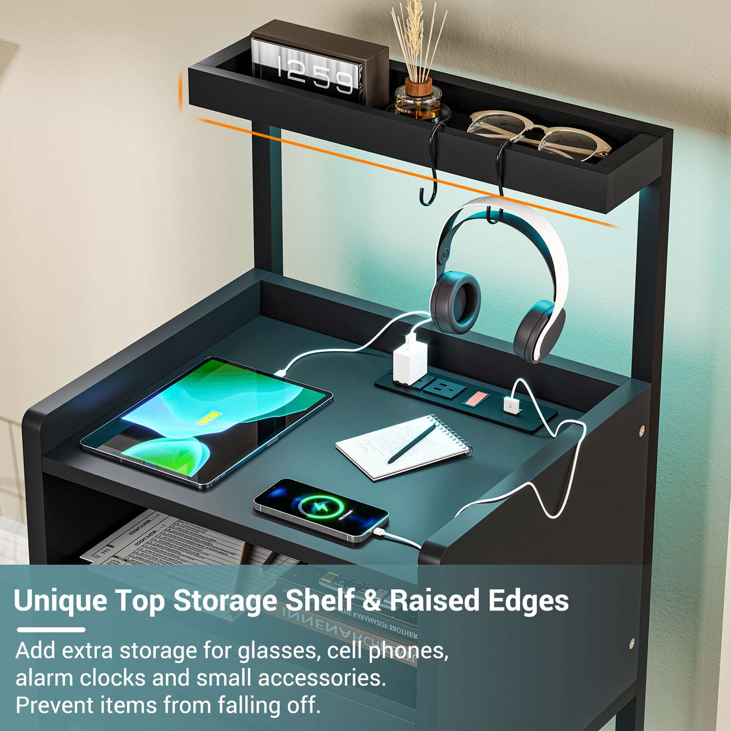 AOGLLATI Nightstands Black / Metal / Modern AOGLLATI Nightstand with Charging Station Black