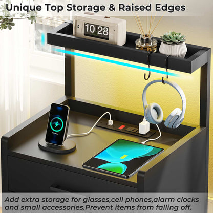 AOGLLATI Nightstands Black / Metal / Modern AOGLLATI Nightstand with LED Lights and Charging Station Black