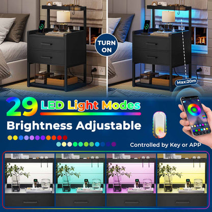 AOGLLATI Nightstands Black / Metal / Modern AOGLLATI Nightstand with LED Lights and Charging Station Black
