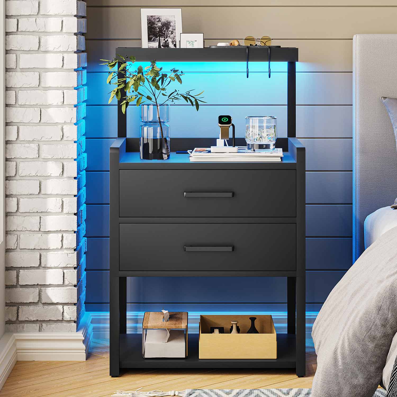 AOGLLATI Nightstands Black / Metal / Modern AOGLLATI Nightstand with LED Lights and Charging Station Black