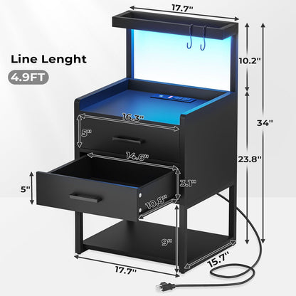 AOGLLATI Nightstands Black / Metal / Modern AOGLLATI Nightstand with LED Lights and Charging Station Black