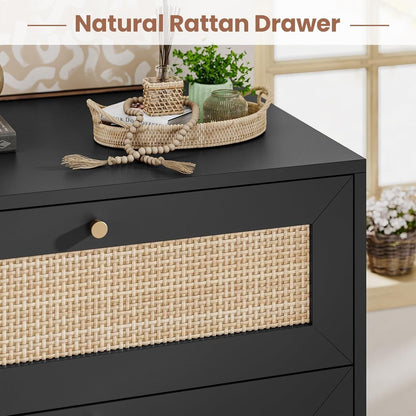 AOGLLATI Nightstands Black / Rattan / Bohemian AOGLLATI Black Rattan Nightstand with Charging Station with 3 Drawers