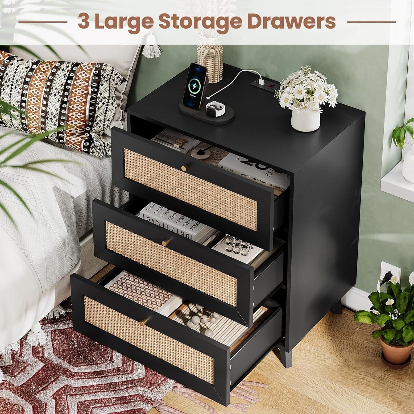 AOGLLATI Nightstands Black / Rattan / Bohemian AOGLLATI Black Rattan Nightstand with Charging Station with 3 Drawers