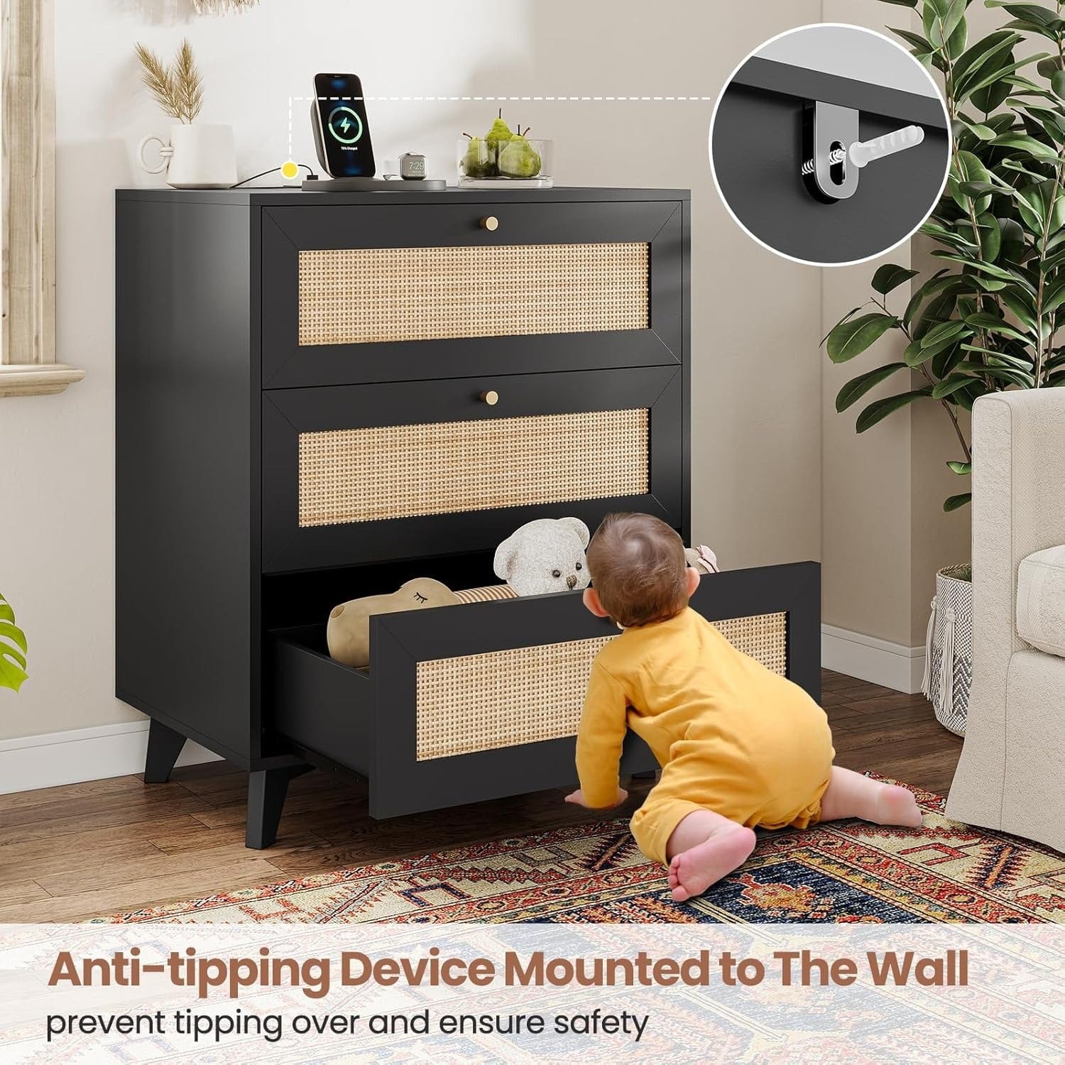 AOGLLATI Nightstands Black / Rattan / Bohemian AOGLLATI Black Rattan Nightstand with Charging Station with 3 Drawers