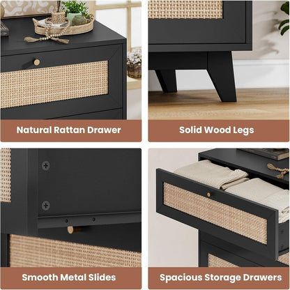 AOGLLATI Nightstands Black / Rattan / Bohemian AOGLLATI Black Rattan Nightstand with Charging Station with 3 Drawers
