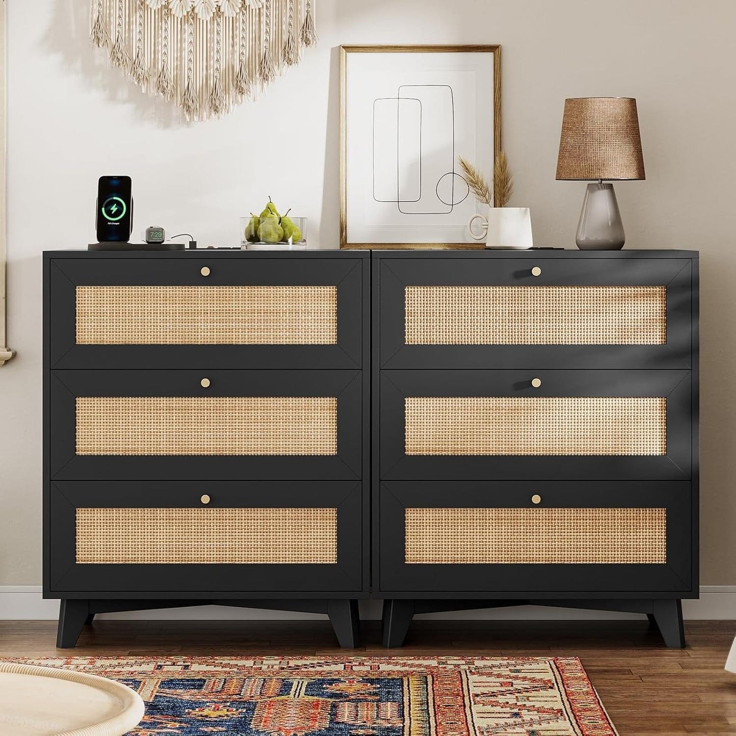 AOGLLATI Nightstands Black / Rattan / Bohemian AOGLLATI Black Rattan Nightstand with Charging Station with 3 Drawers