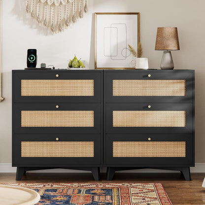 AOGLLATI Nightstands Black / Rattan / Bohemian AOGLLATI Black Rattan Nightstand with Charging Station with 3 Drawers