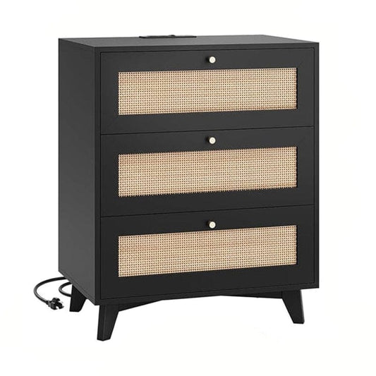 AOGLLATI Nightstands Black / Rattan / Bohemian AOGLLATI Black Rattan Nightstand with Charging Station with 3 Drawers