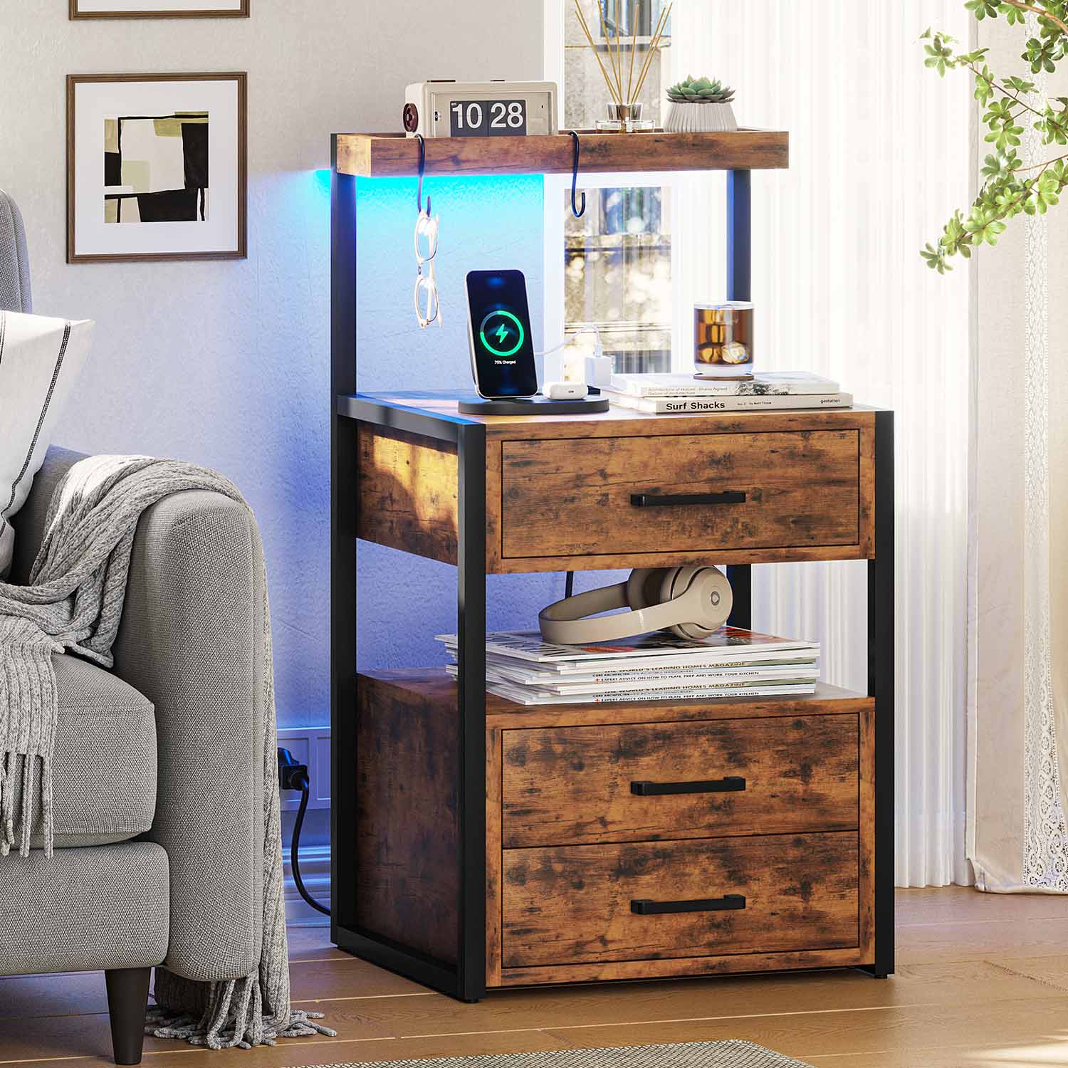 AOGLLATI Nightstands Brown / Metal / Modern AOGLLATI Nightstand with Charging Station and LED Lights Rustic Brown