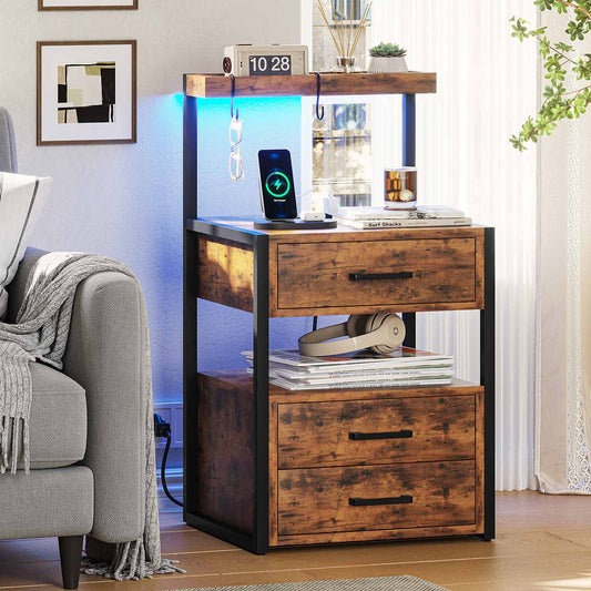 AOGLLATI Nightstands Brown / Metal / Modern AOGLLATI Nightstand with Charging Station and LED Lights Rustic Brown