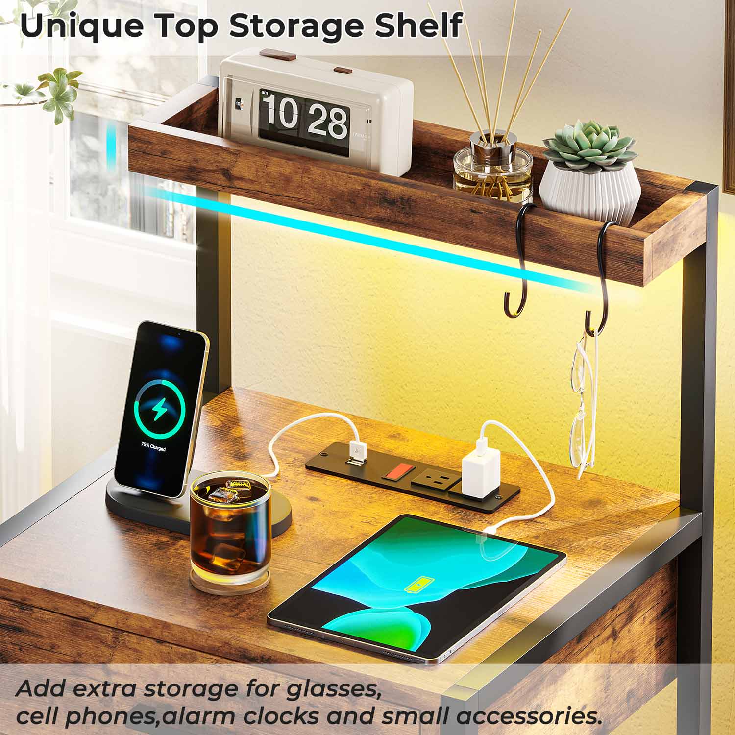 AOGLLATI Nightstands Brown / Metal / Modern AOGLLATI Nightstand with Charging Station and LED Lights Rustic Brown