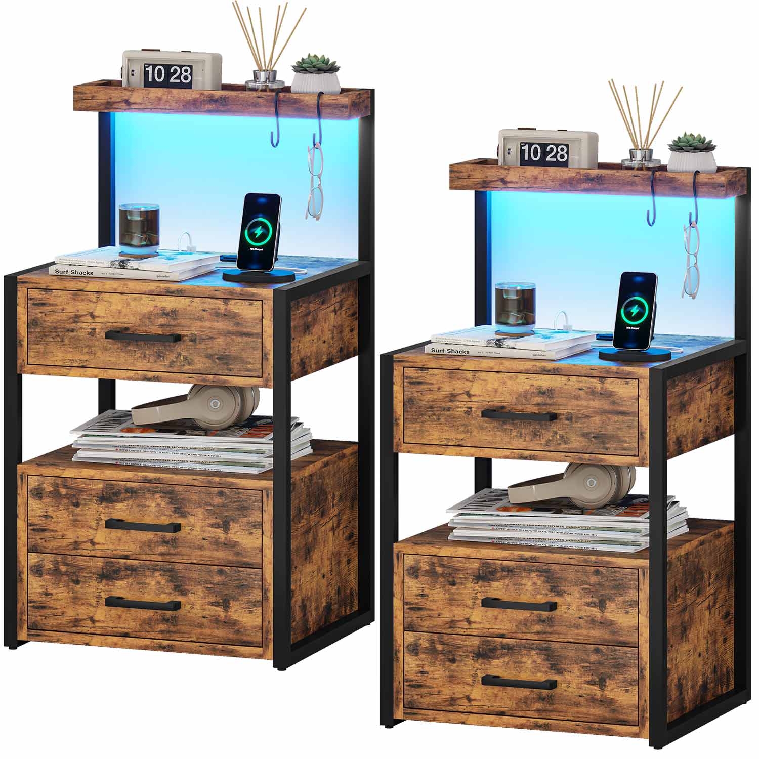 AOGLLATI Nightstands Brown / Metal / Modern AOGLLATI Nightstand with Charging Station and LED Lights Rustic Brown