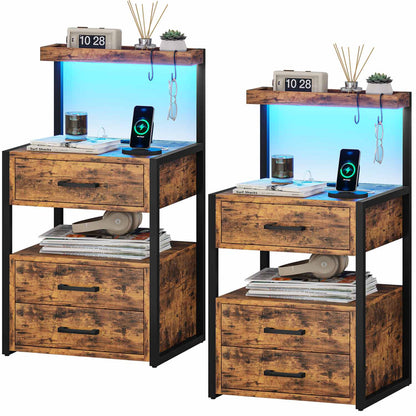 AOGLLATI Nightstands Brown / Metal / Modern AOGLLATI Nightstand with Charging Station and LED Lights Rustic Brown