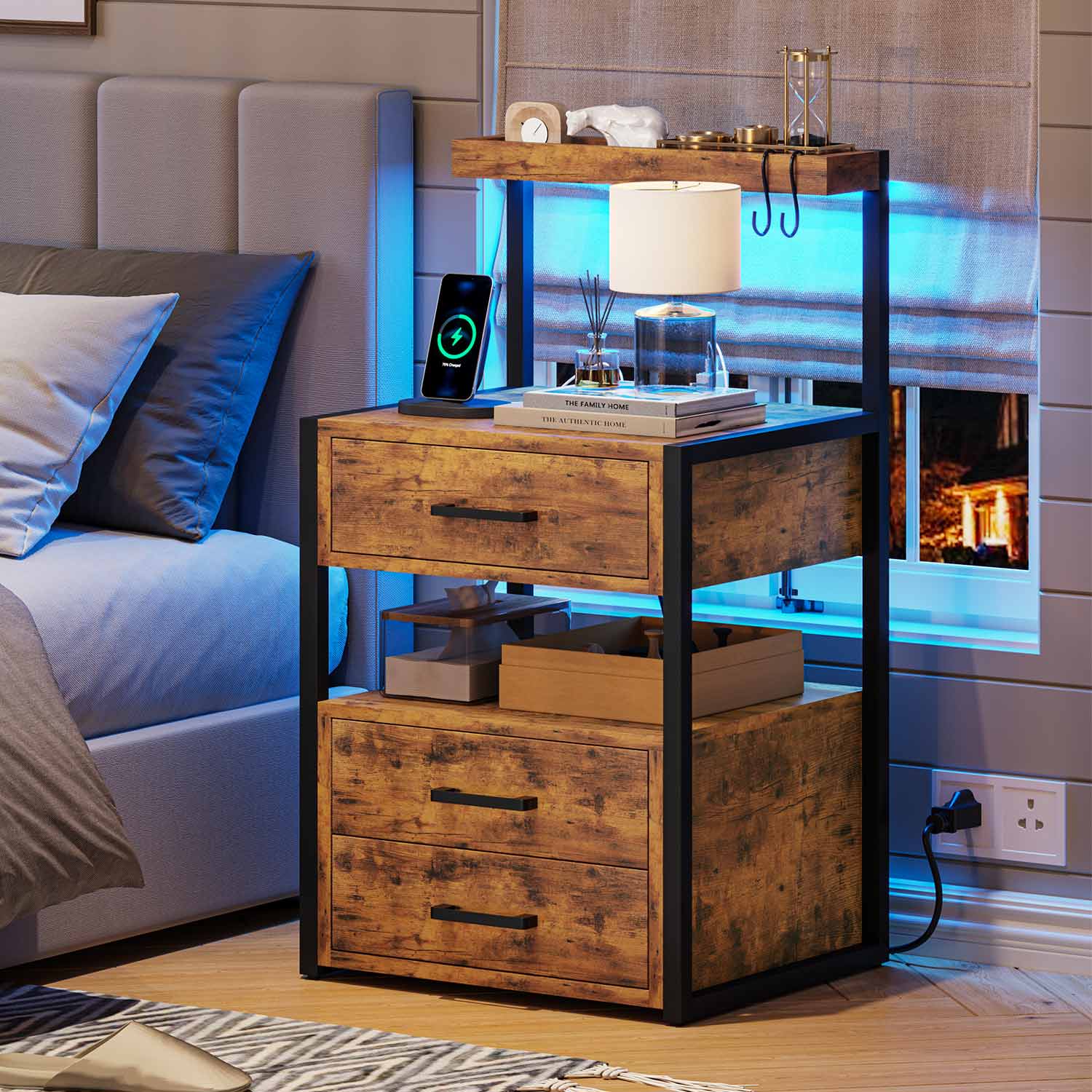 AOGLLATI Nightstands Brown / Metal / Modern AOGLLATI Nightstand with Charging Station and LED Lights Rustic Brown