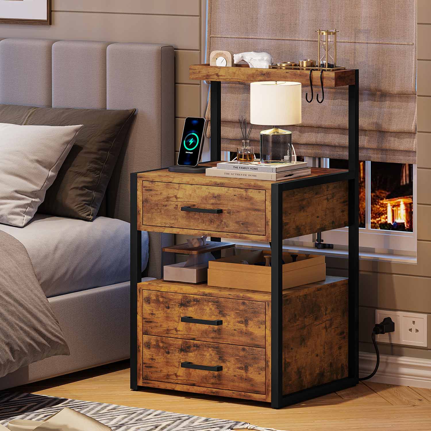 AOGLLATI Nightstands Brown / Metal / Modern AOGLLATI Nightstand with Charging Station and LED Lights Rustic Brown