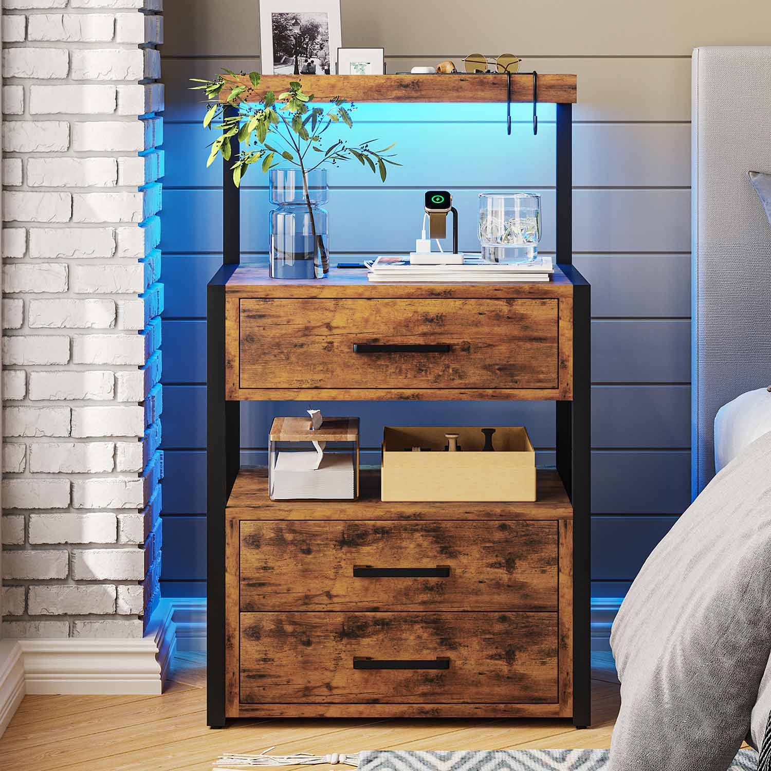 AOGLLATI Nightstands Brown / Metal / Modern AOGLLATI Nightstand with Charging Station and LED Lights Rustic Brown