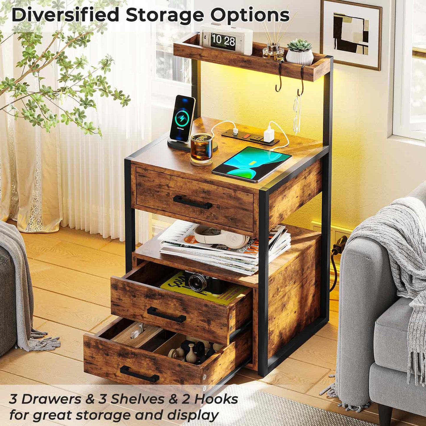AOGLLATI Nightstands Brown / Metal / Modern AOGLLATI Nightstand with Charging Station and LED Lights Rustic Brown