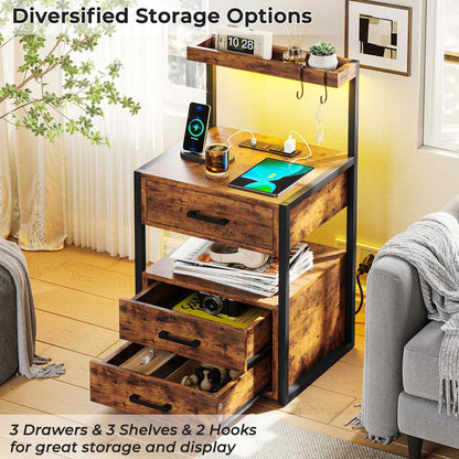 AOGLLATI Nightstands Brown / Metal / Modern AOGLLATI Nightstand with Charging Station and LED Lights Rustic Brown